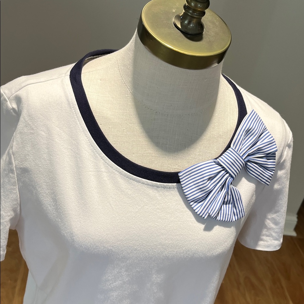 Kate Spade White and Blue Striped Bow T-Shirt size XL - Picture 2 of 9